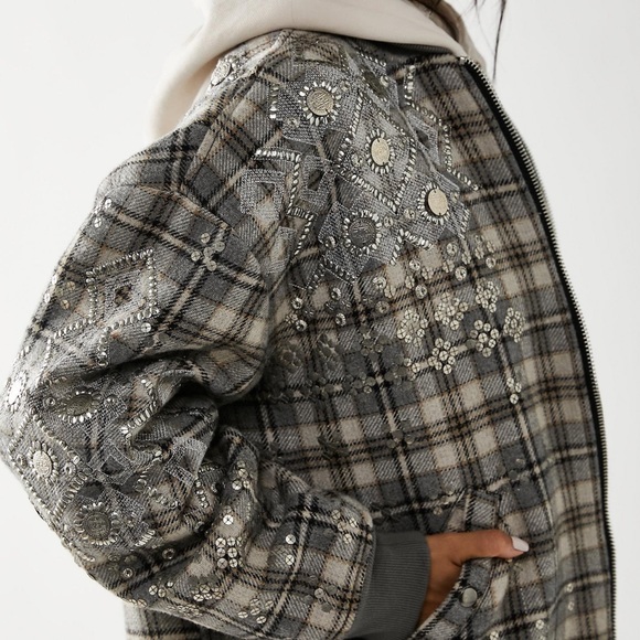 NWOT FP Free People Louie Grey Plaid Embellished Bomber Jacket - Picture 4 of 10